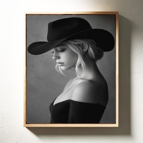 Blonde Cowgirl in Black Cowboy Hat Black and White Portrait Poster