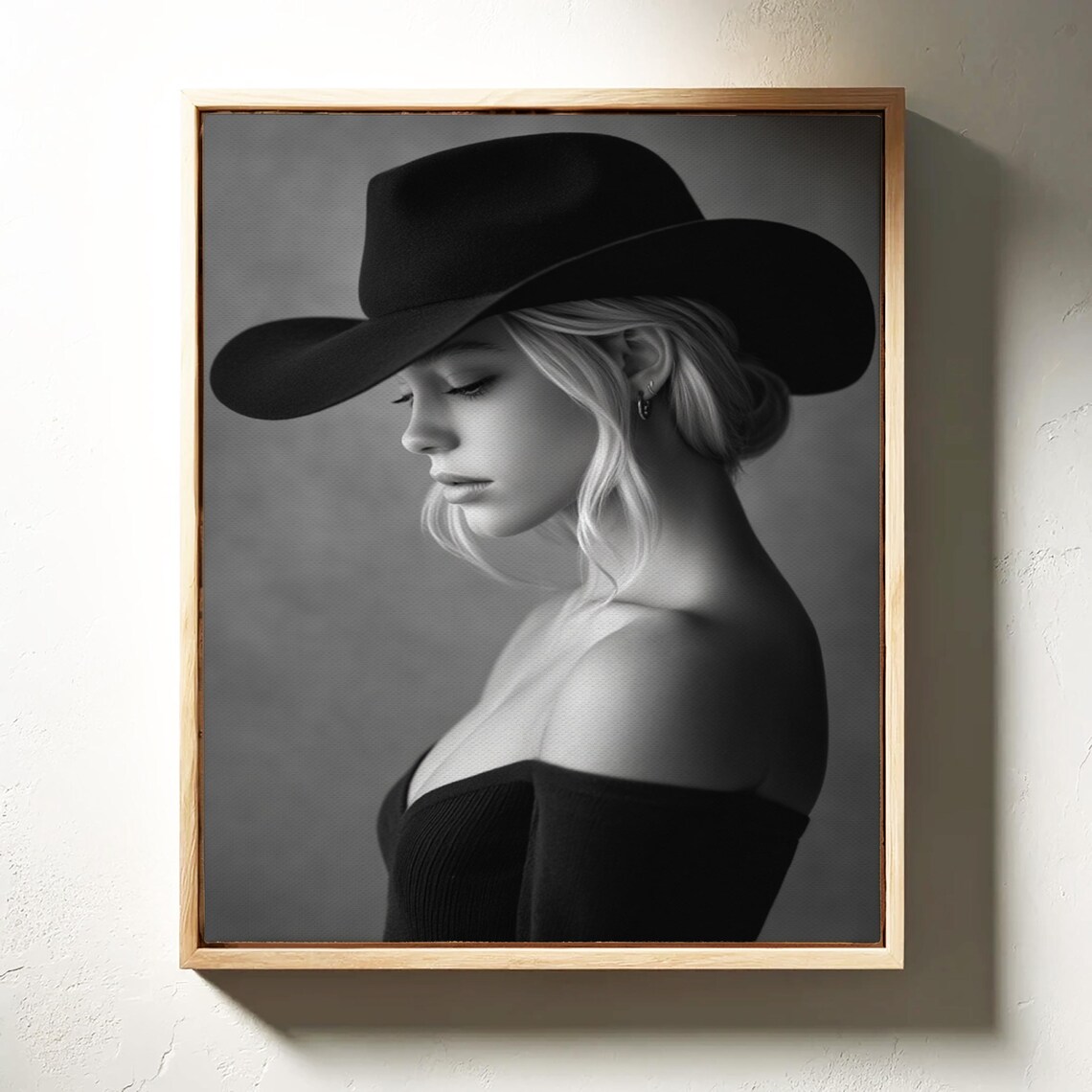 Blonde Cowgirl in Black Cowboy Hat Black and White Portrait Poster
