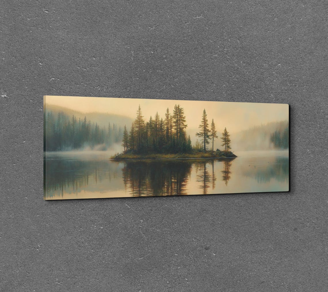 Foggy Wooded Lake Island Misty Dawn Serene Panoramic Art Poster - Image 7