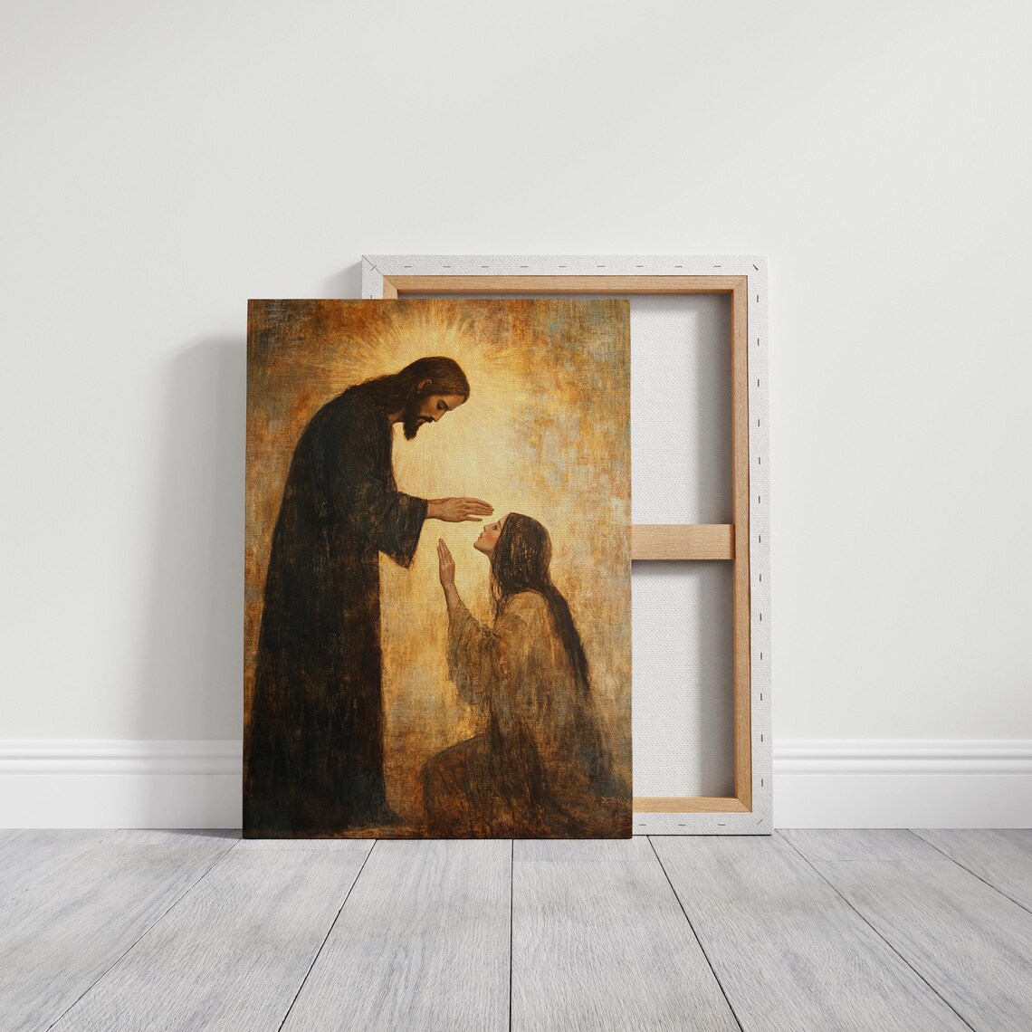 Jesus Laying Hands in Blessing Over a Kneeling Woman in Golden Tones Poster - Image 6