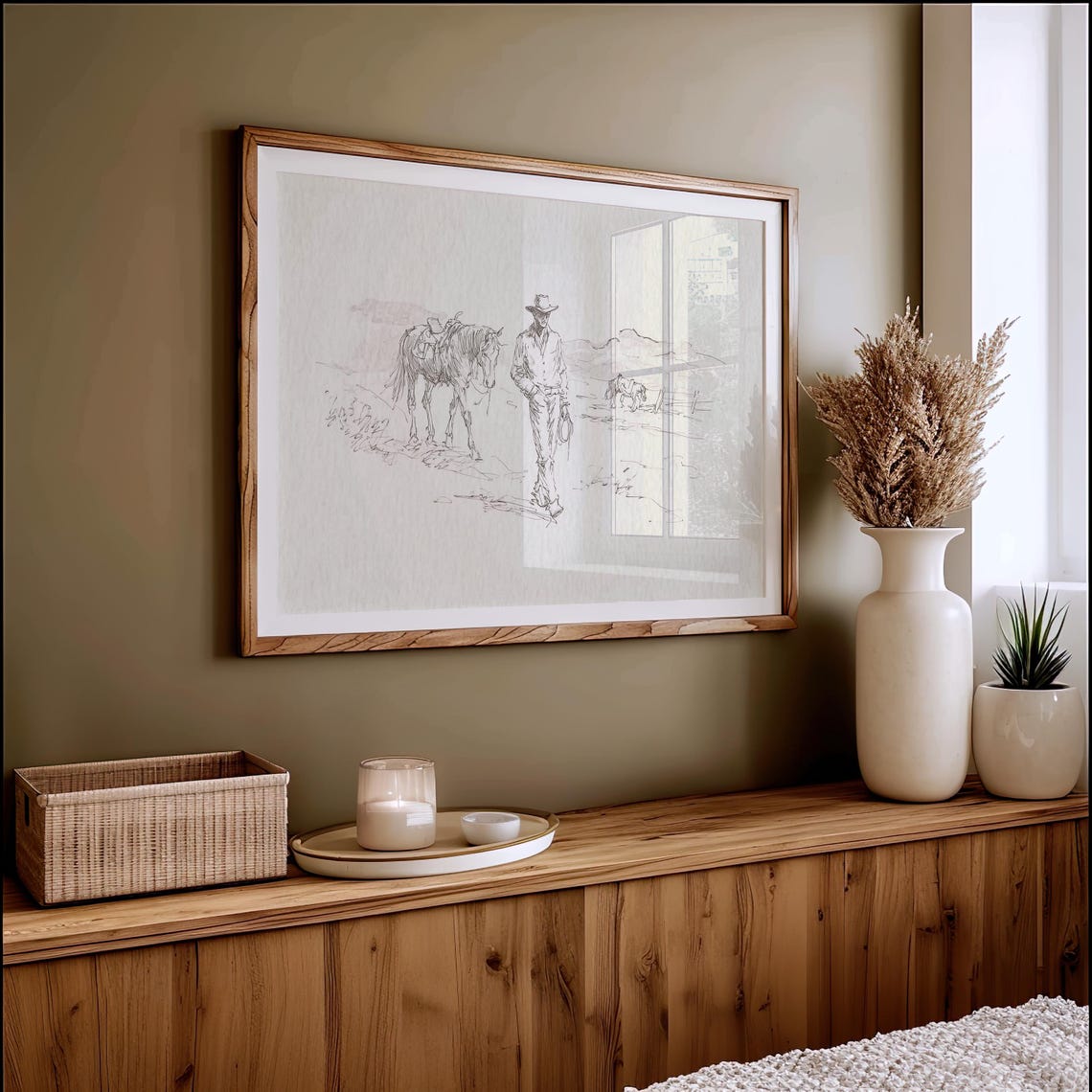 Cowboy Walking With Horse Minimalist Pencil Sketch Western Poster