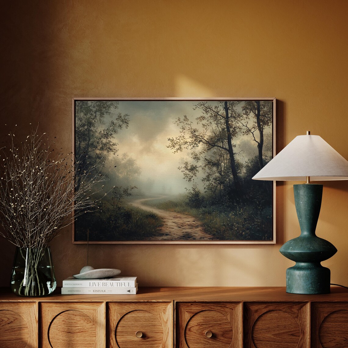 Misty Forest Trail At Sunrise, Rustic Landscape Art Print - Image 4