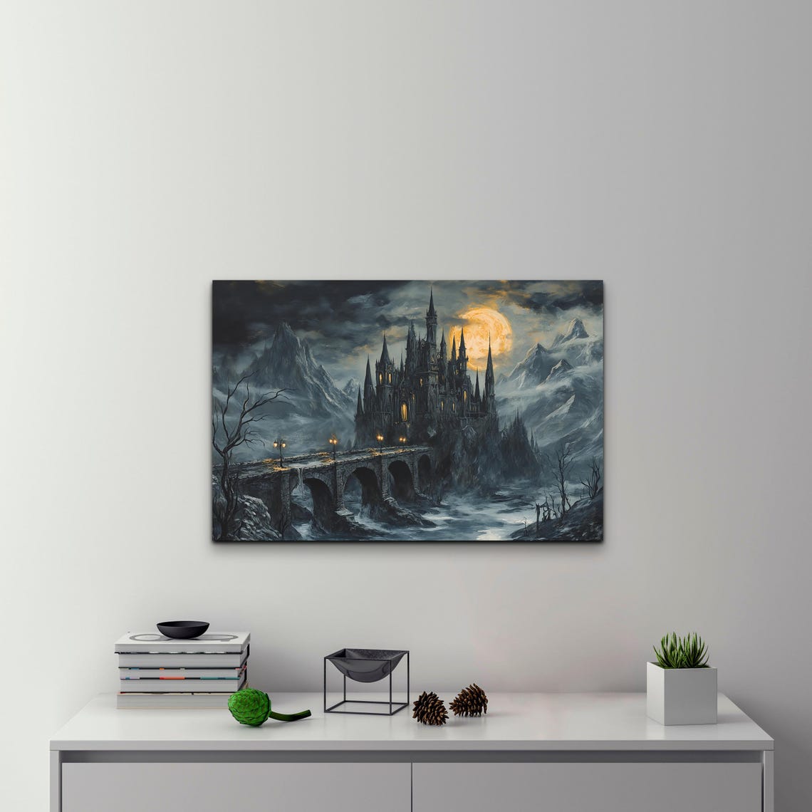 Moonlit Gothic Dracula Castle With Arched Lantern Bridge Poster - Image 4