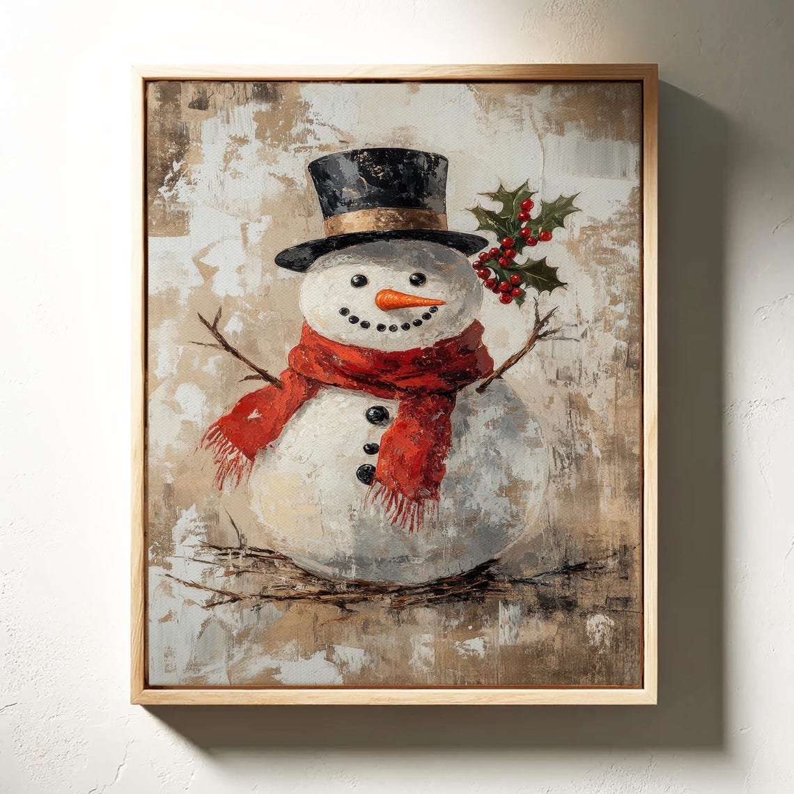 Vintage Snowman With Top Hat Red Scarf And Holly Berries Rustic Poster - Image 7