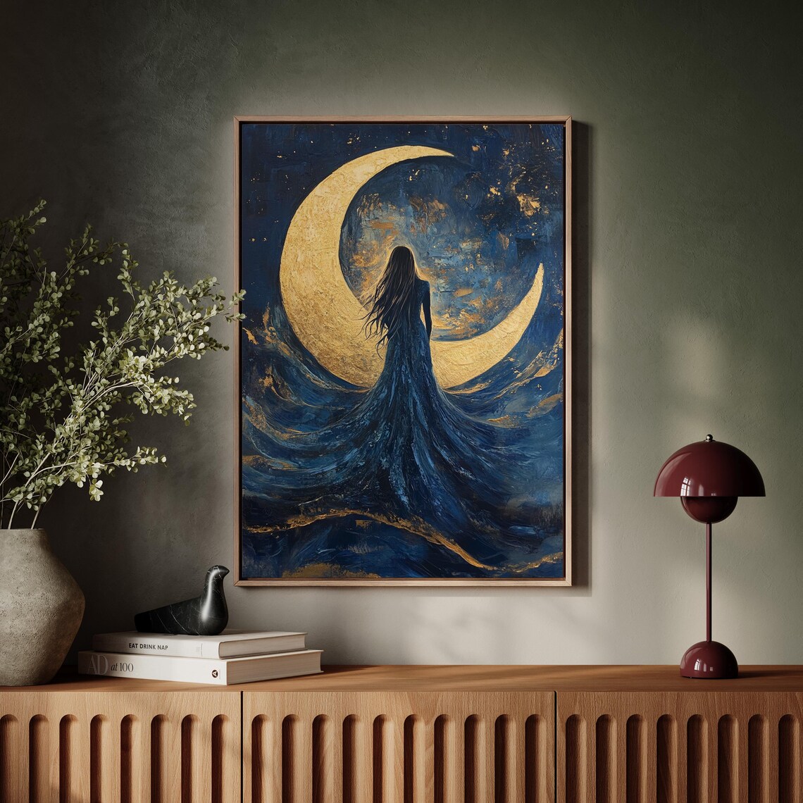 Celestial Woman Blue Flowing Dress Golden Crescent Moon Mystical Poster - Image 5