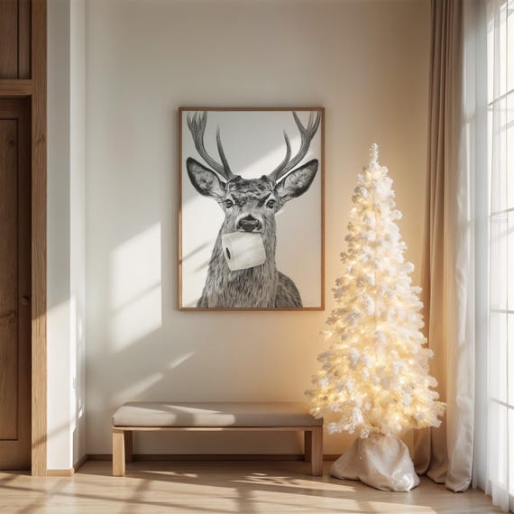 Funny Deer Drawing, Wall Art Print
