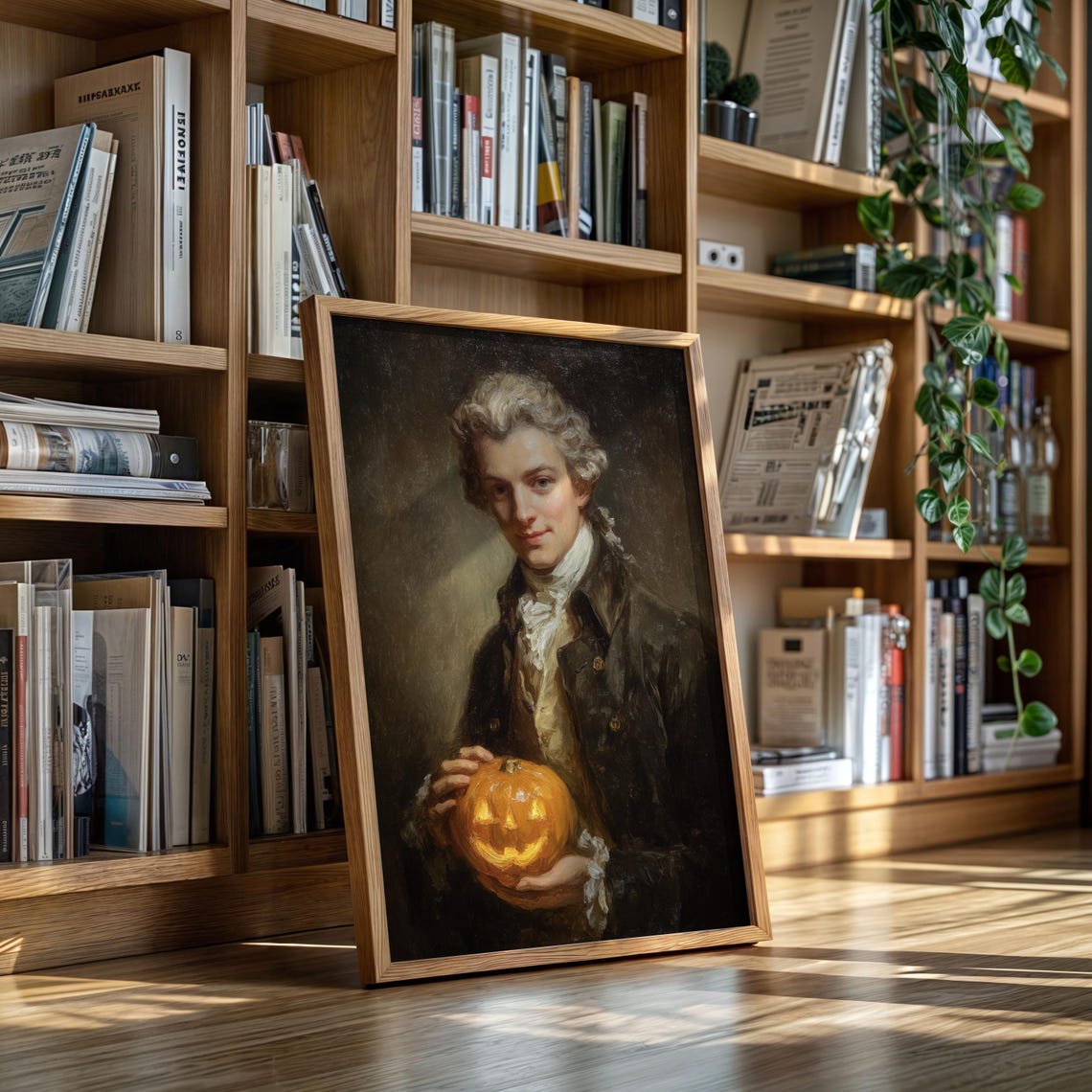 Vintage Gentleman Portrait Holding Glowing Jack-O-Lantern Poster