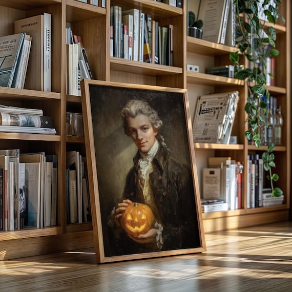 Vintage Gentleman Portrait Holding Glowing Jack-O-Lantern Poster