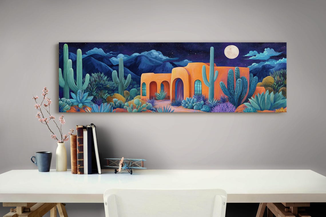 Southwest Adobe House Under Full Moon Saguaro Night Landscape Poster - Image 4