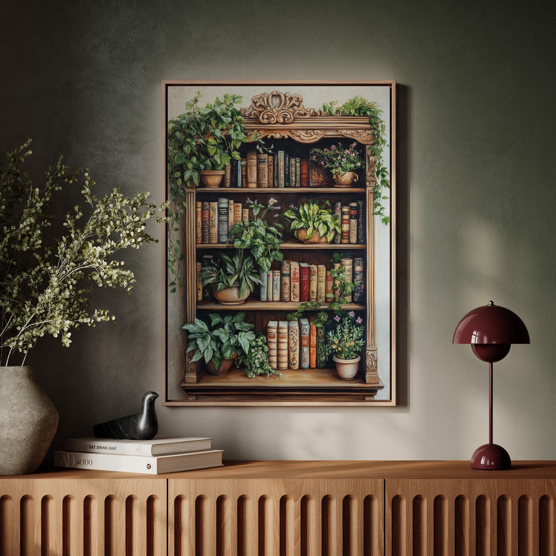 Vintage Carved Bookshelf Filled With Books and Trailing Plants Poster - Image 7