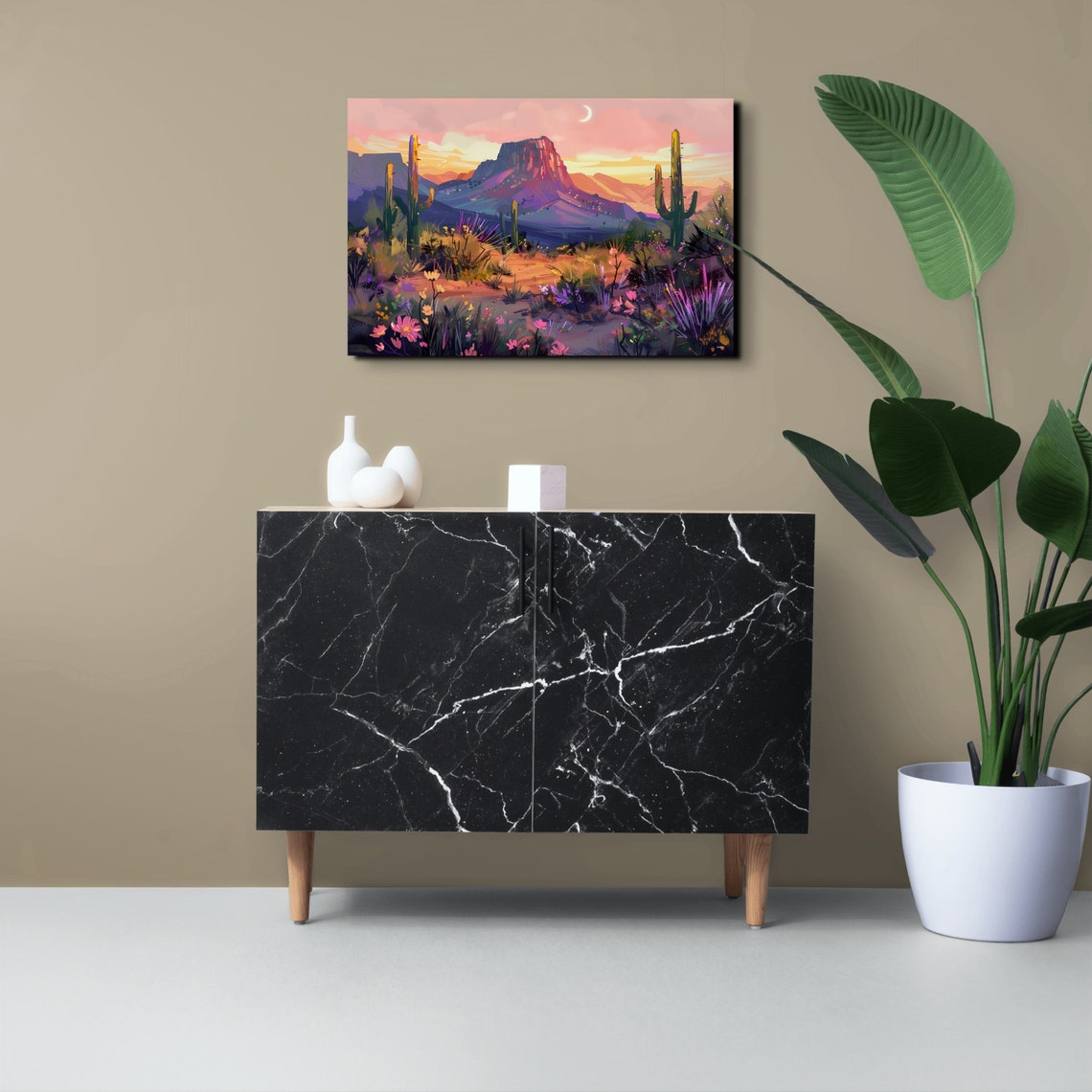 Desert Mesa at Sunset Crescent Moon Wildflower Field Art Poster - Image 5