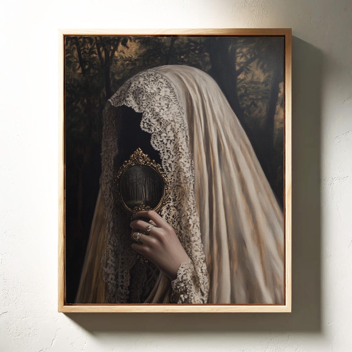 Ethereal Gothic Wall Art Veiled Figure Holding Ornate Mirror In Dark Forest Setting For Elegant Gothic Home Decor - Image 3