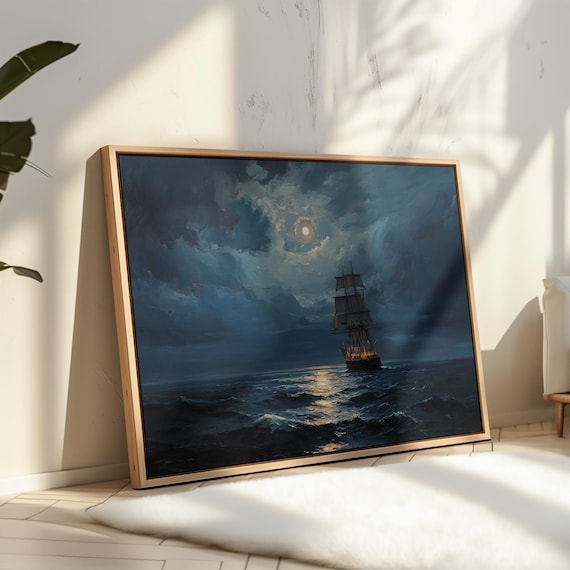 Moonlit Sailing Ship at Night Dramatic Nautical Oil Painting Poster