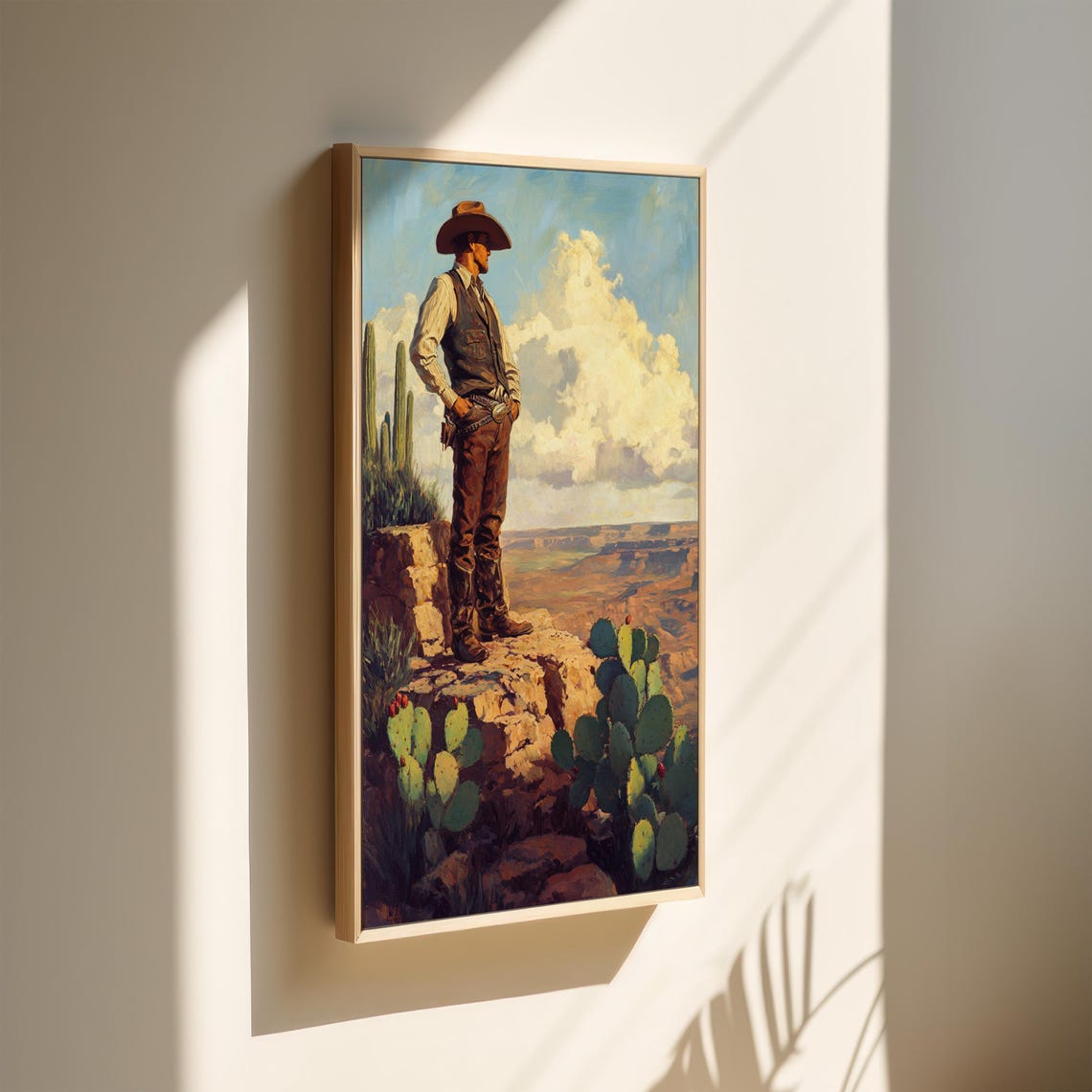 Tall Cowboy Standing On A Cliff Edge Over Desert Valley Poster - Image 2