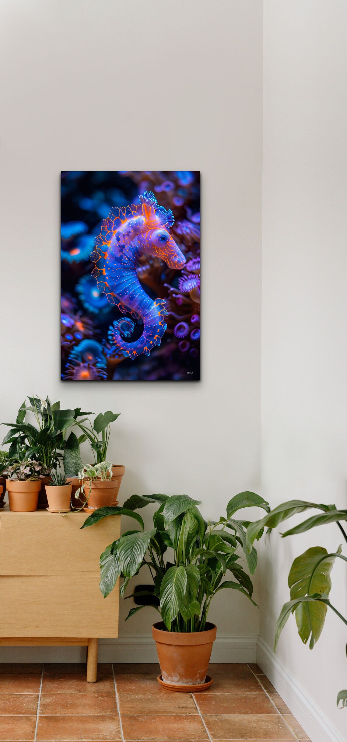 Glowing Seahorse In Coral Reef Neon Blue Orange Underwater Wall Art - Image 5