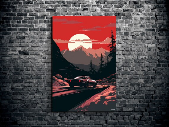 Sports Car Driving Off Into The Mountainous Vistas Art Japaneses Folklore Inspired Art Extra Large Wall Art 15 Kooly Koolyart