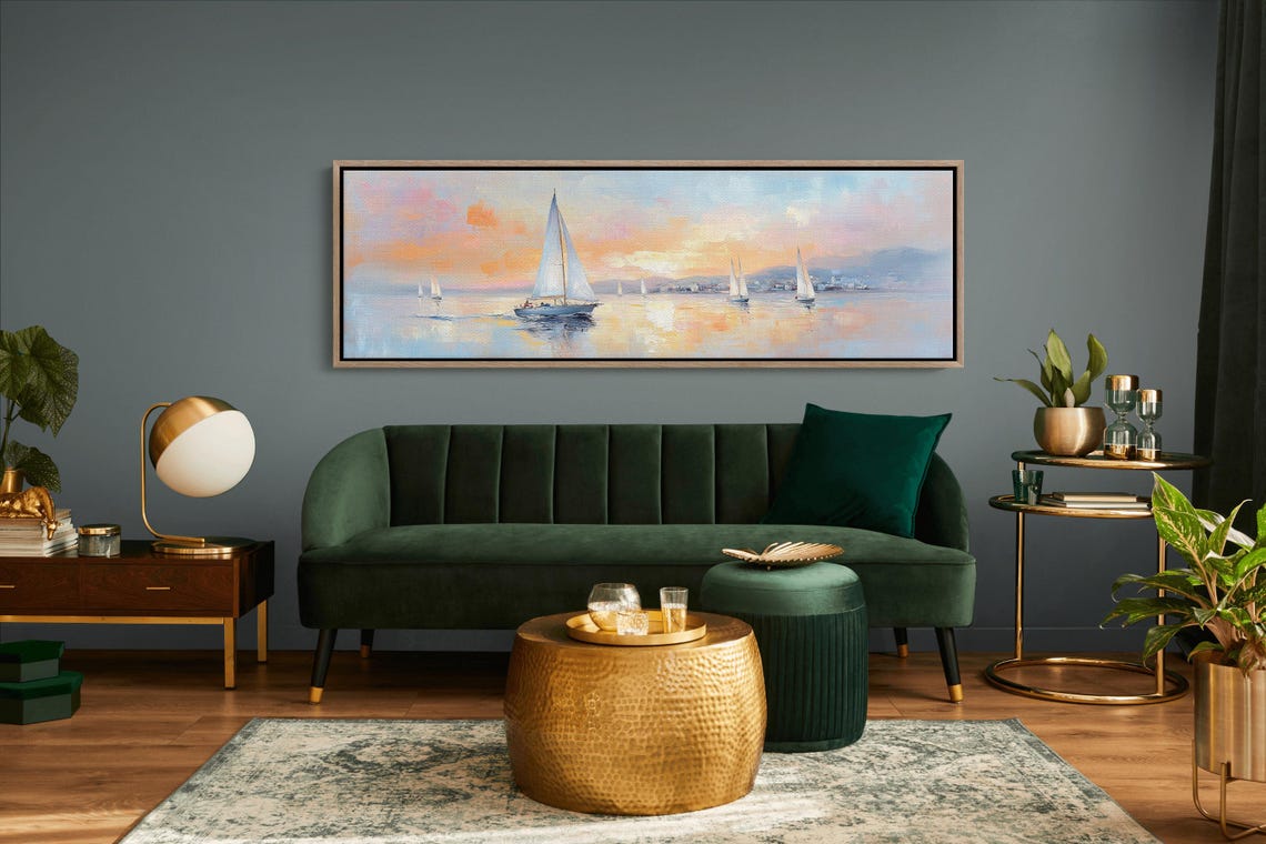 Sailboats At Sunset Calm Sea Panoramic Coastal Wall Travel Poster - Image 4