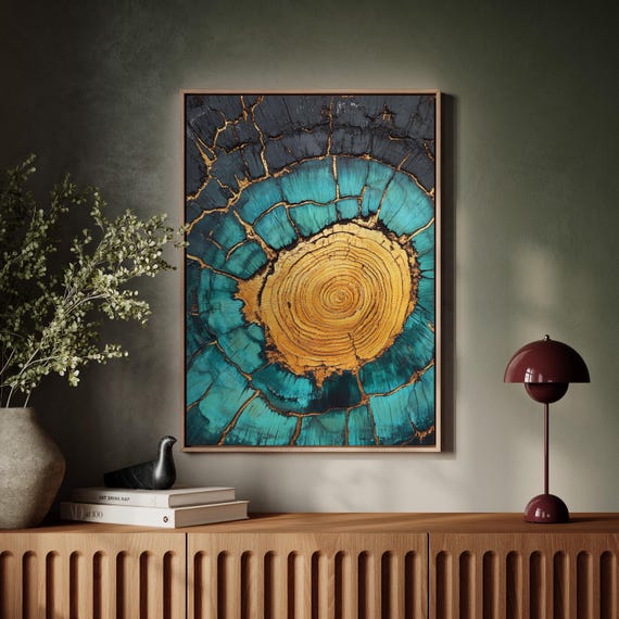 Teal And Gold Tree Ring Wall Art Nature Inspired Textured Print Rustic Modern Decor Unique Wood Grain Artwork For Contemporary Homes