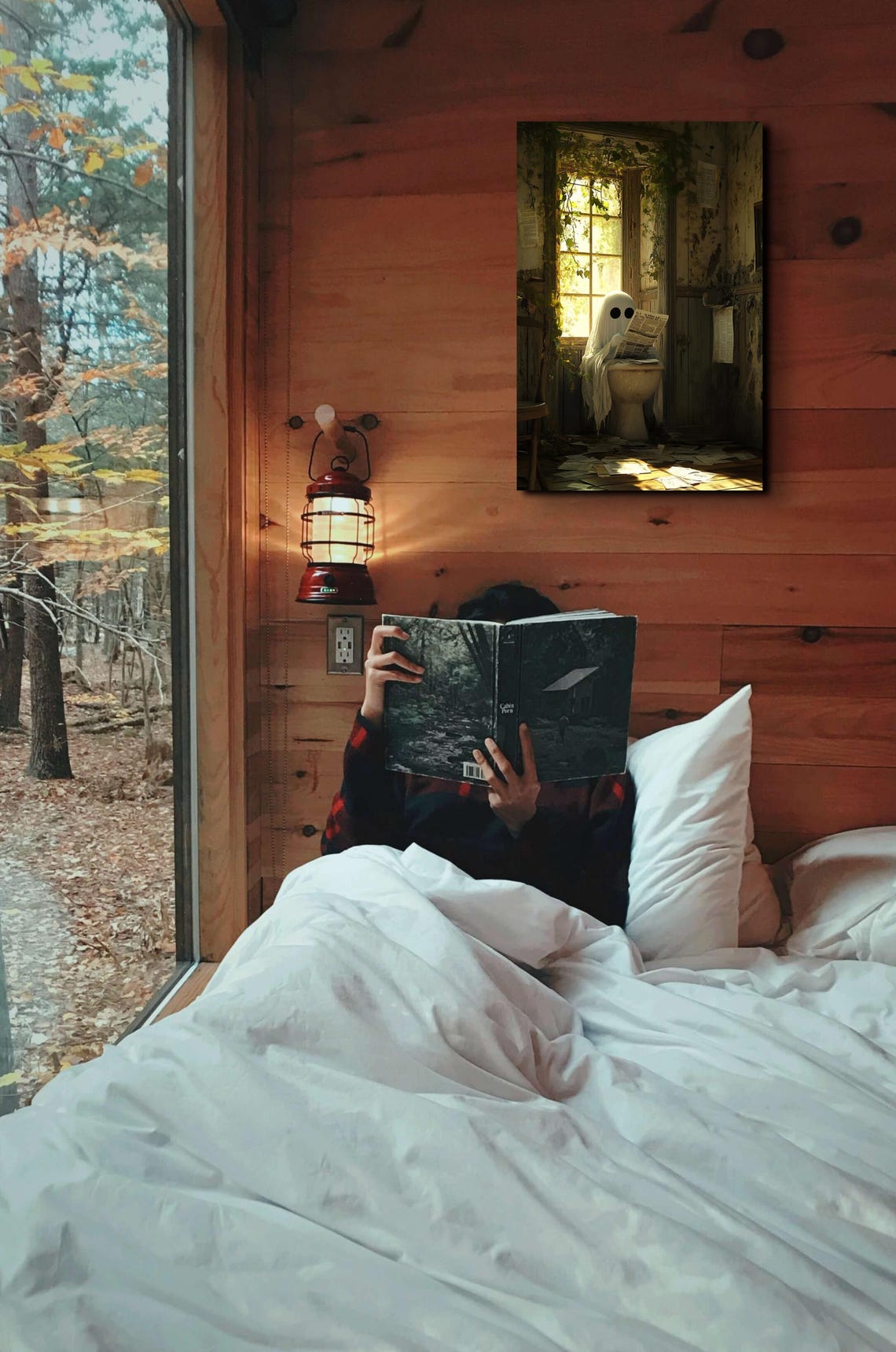 Funny Ghost Reading Newspaper on Toilet in Rustic Bathroom Poster - Image 4
