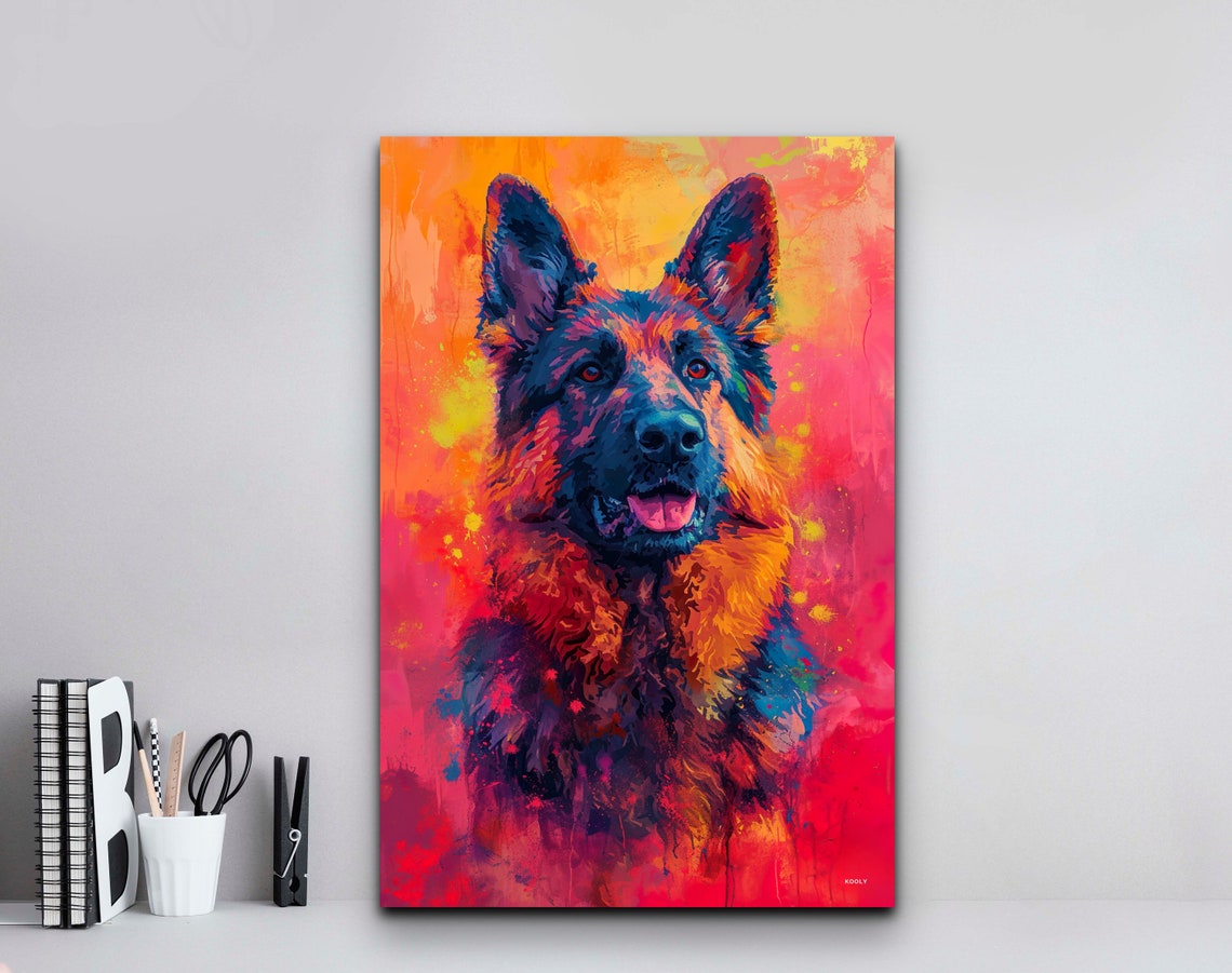 German Shepherd Dog Portrait on a Fiery Orange Red Background Poster