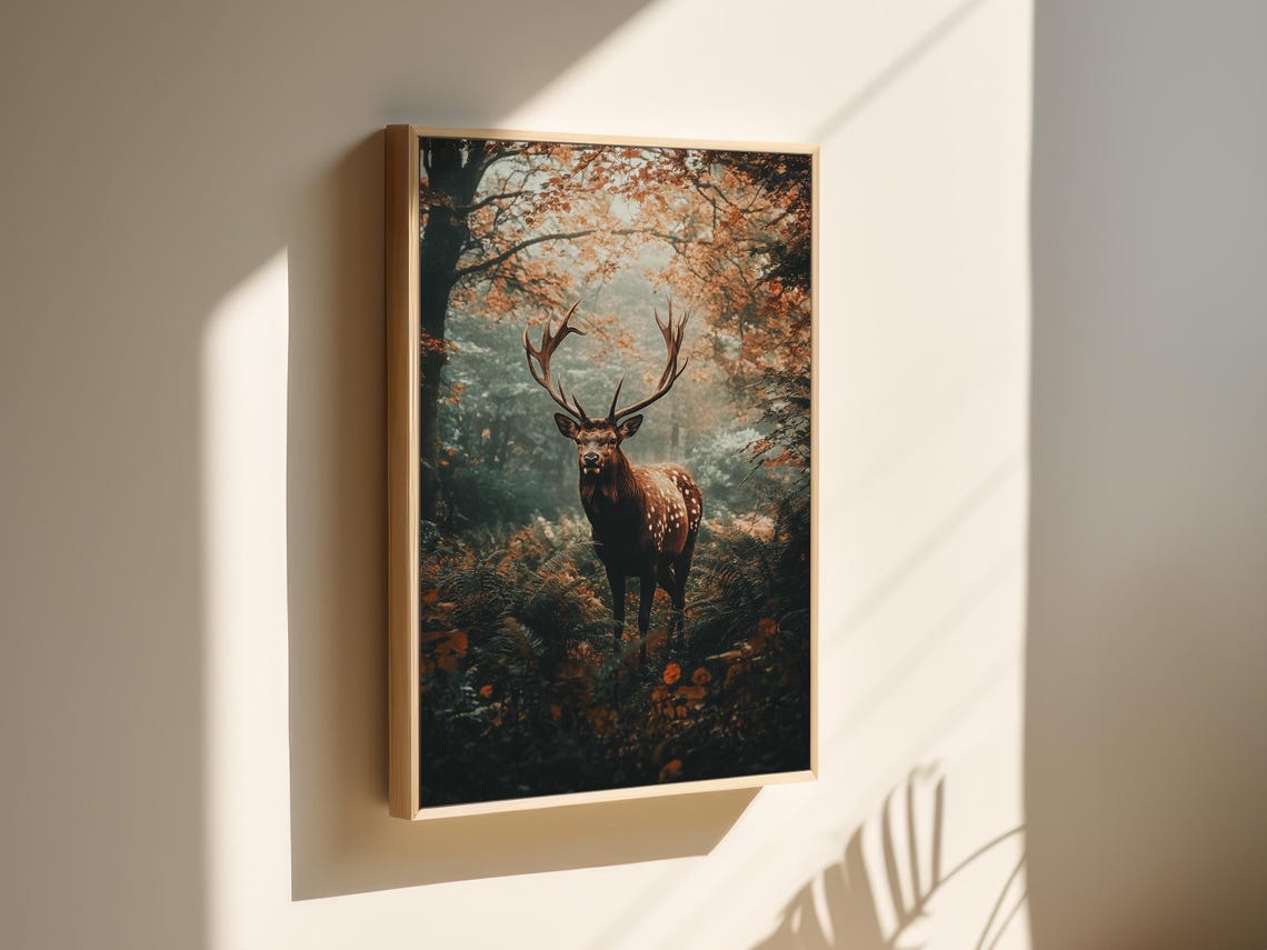 Standing Deer in Misty Autumn Forest Moody Wildlife Art Poster - Image 6