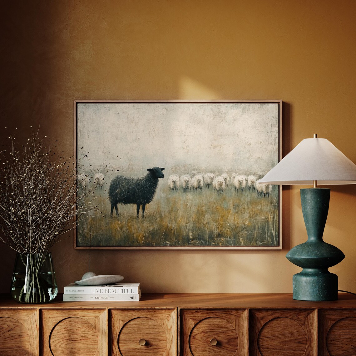 Black Sheep In Foggy Meadow Rustic Animal Art Print