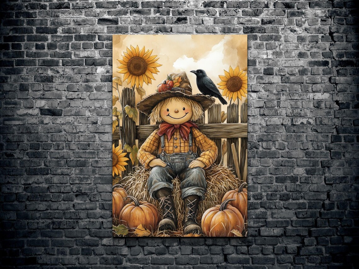 Smiling Scarecrow Boy on Hay Bales With Crow Sunflowers and Pumpkins Poster - Image 2