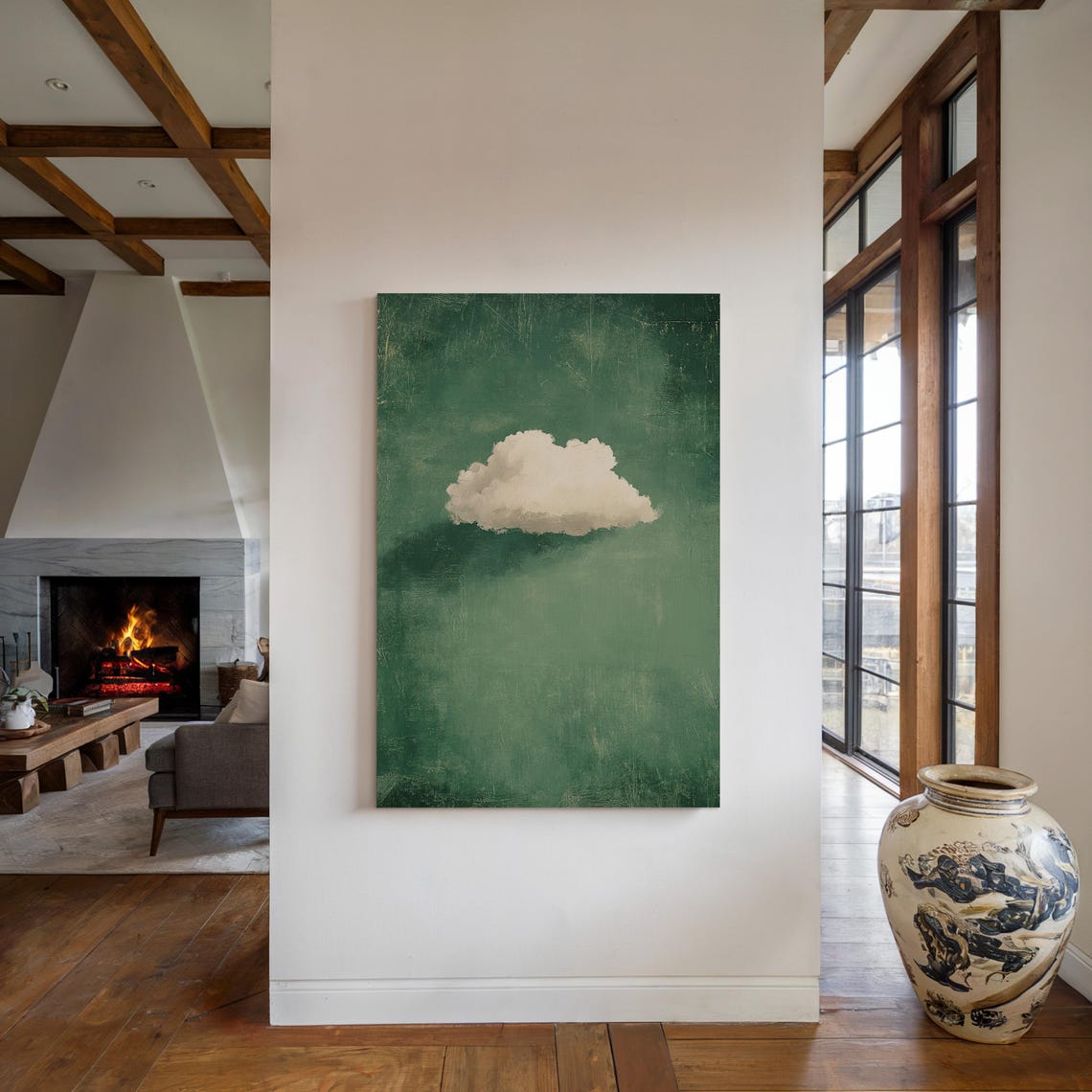 Minimalist White Cloud On Green Art Modern Abstract Nature Inspired Wall Decor For Calm And Contemporary Spaces - Image 4