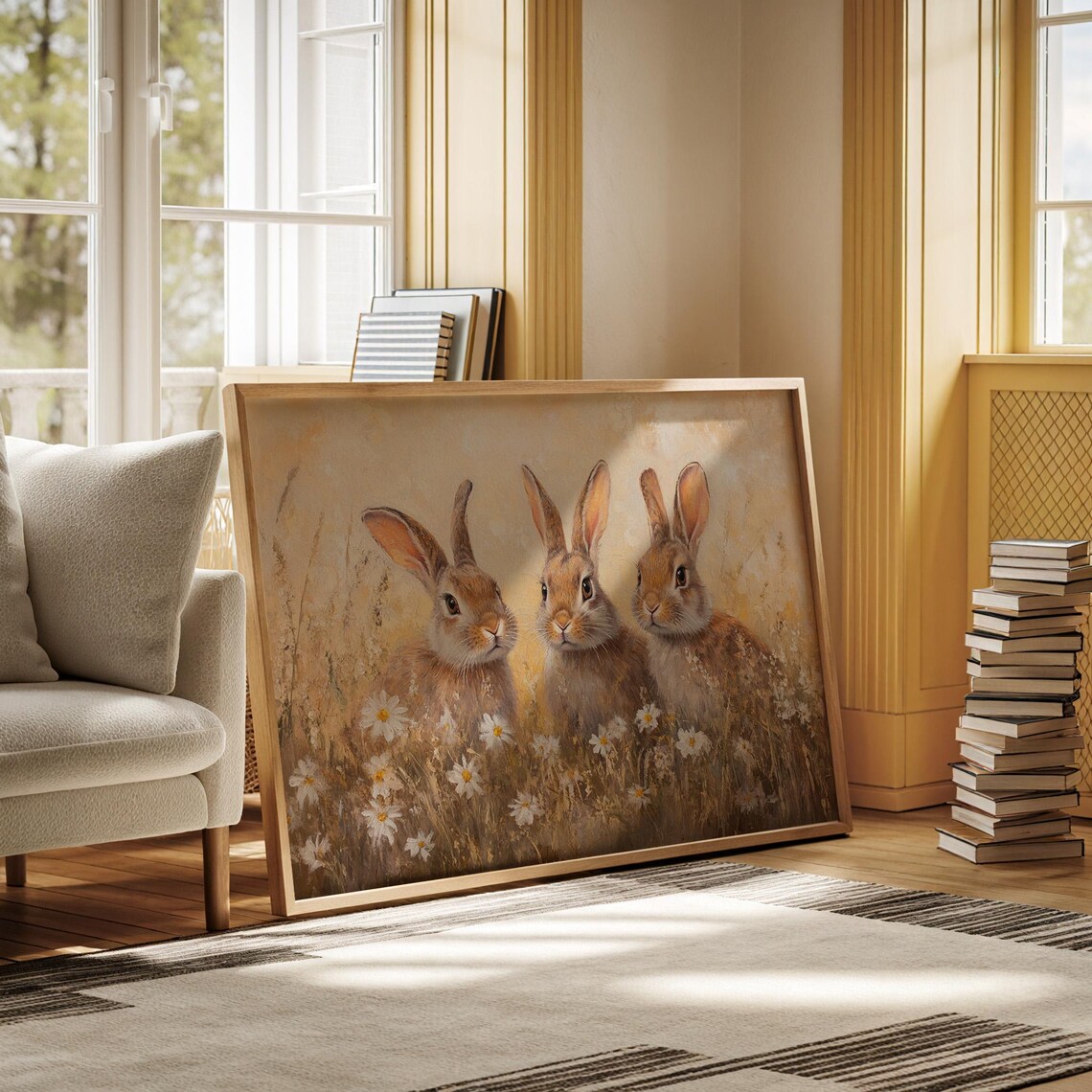 Three Bunnies In Golden Wildflower Meadow Oil Painting Poster - Image 5