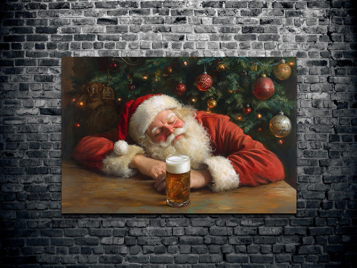 Drunk Santa Asleep At Table With Beer Mug Christmas Decor Poster - Image 2