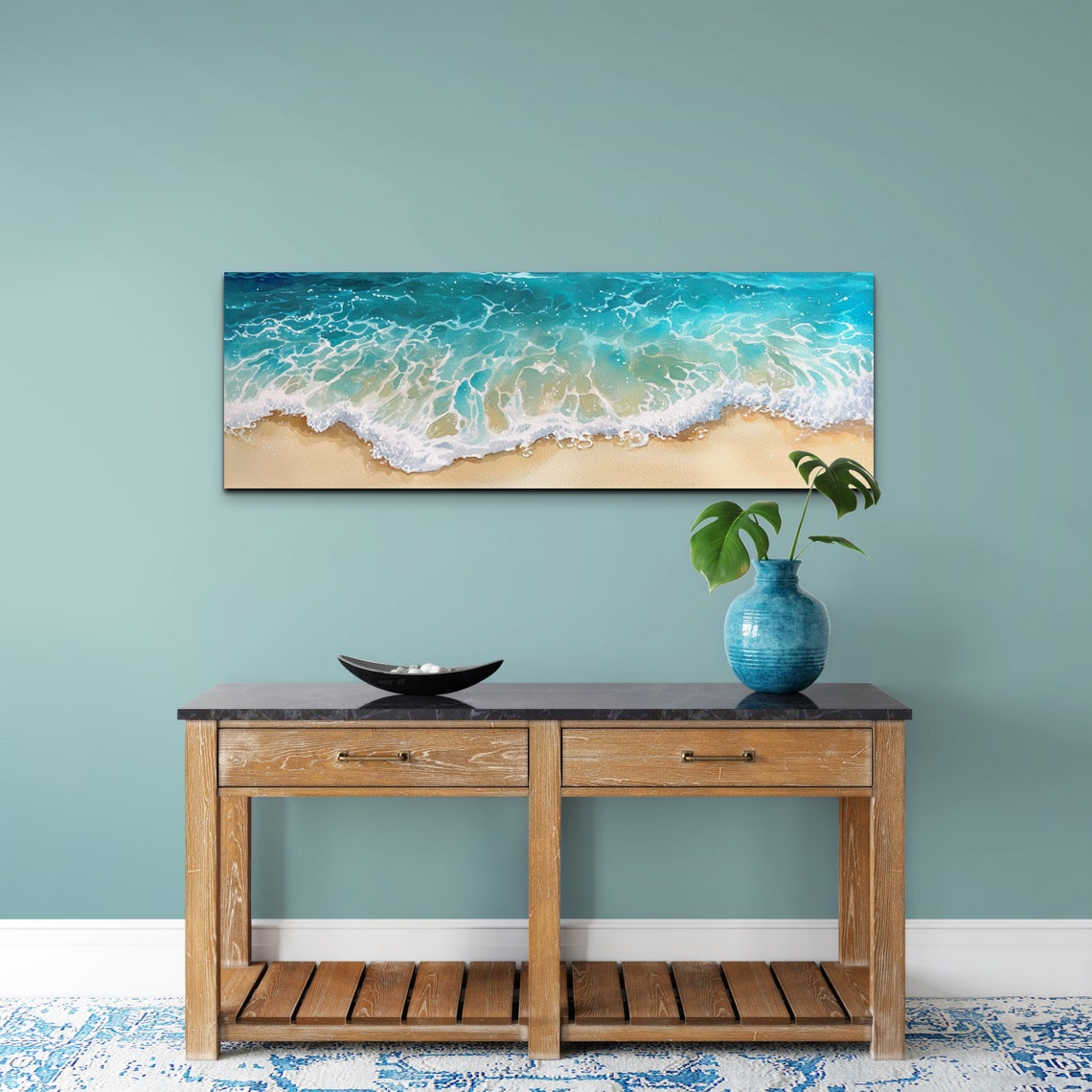 Panoramic Watercolor Ocean Wave Turquoise Beach Shore Wall Art - Image 6