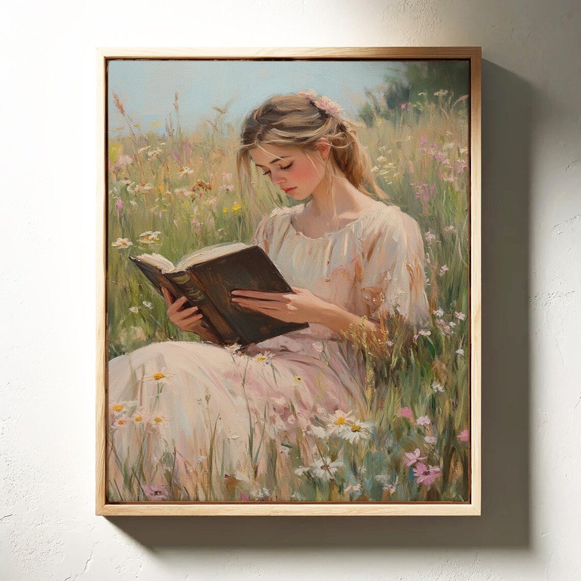 Blonde Woman Reading Book in Sunny Meadow Floral Cottagecore Poster - Image 5