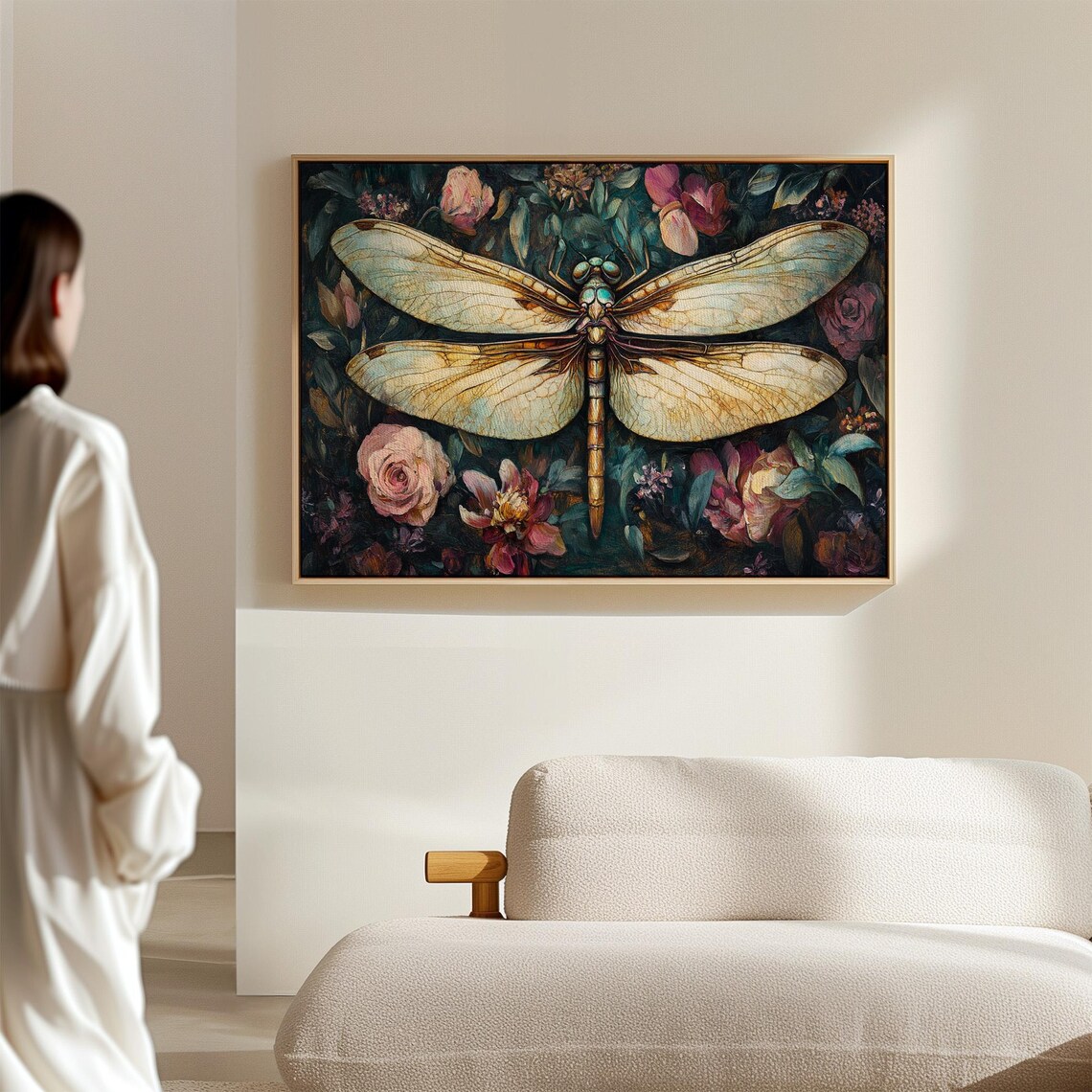 Pale Dragonfly with Translucent Wings on Dark Floral Botanical Art Poster - Image 3