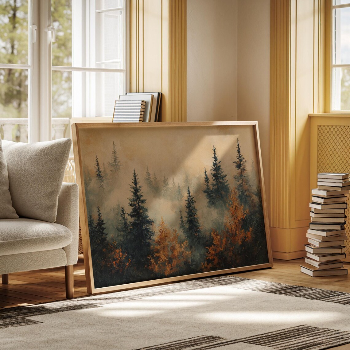 Misty Autumn Forest Golden Orange Foliage And Foggy Evergreens Wall Art - Image 5
