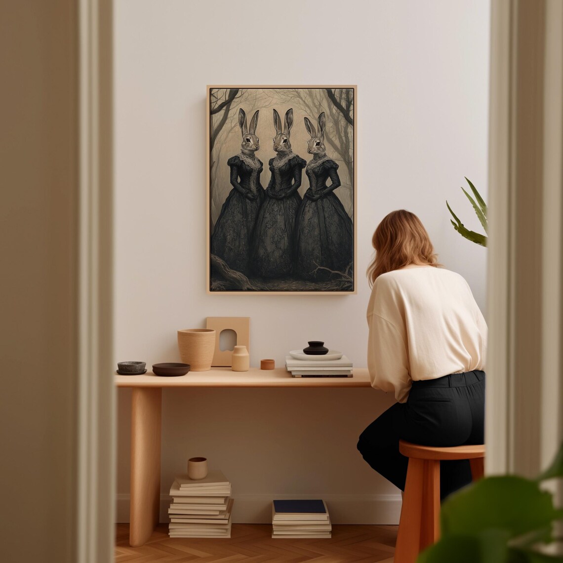 Three Hares in Victorian Black Gowns Dark Woodland Gothic Sisters Poster - Image 2