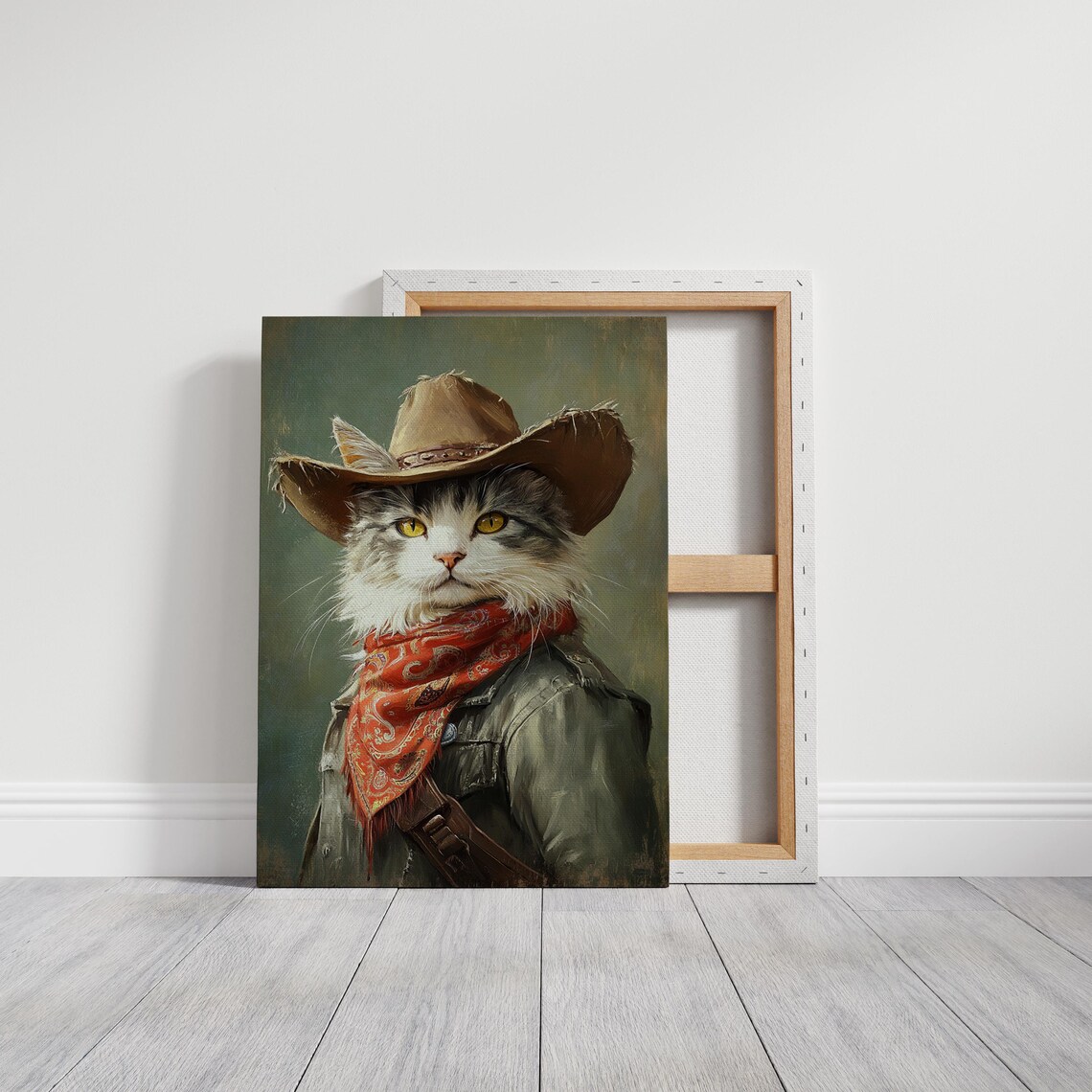 Cowboy Cat Wearing Tan Hat And Red Bandana Funny Western Wall Art - Image 2