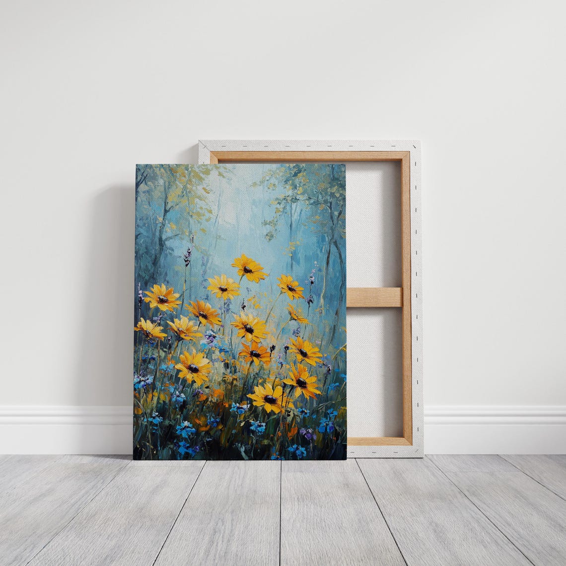 Tall Yellow Sunflowers In Misty Blue Forest Wildflower Poster - Image 5