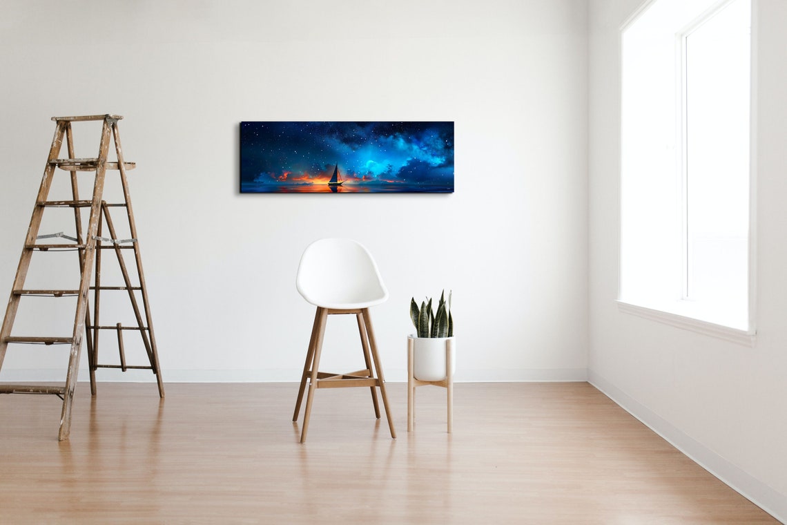 Starry Night Sailboat on Glowing Ocean Sunset Panoramic Poster - Image 4