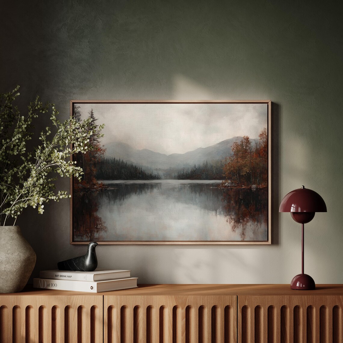 Moody Autumn Mountain Lake With Misty Forest Reflection Dark Landscape Poster