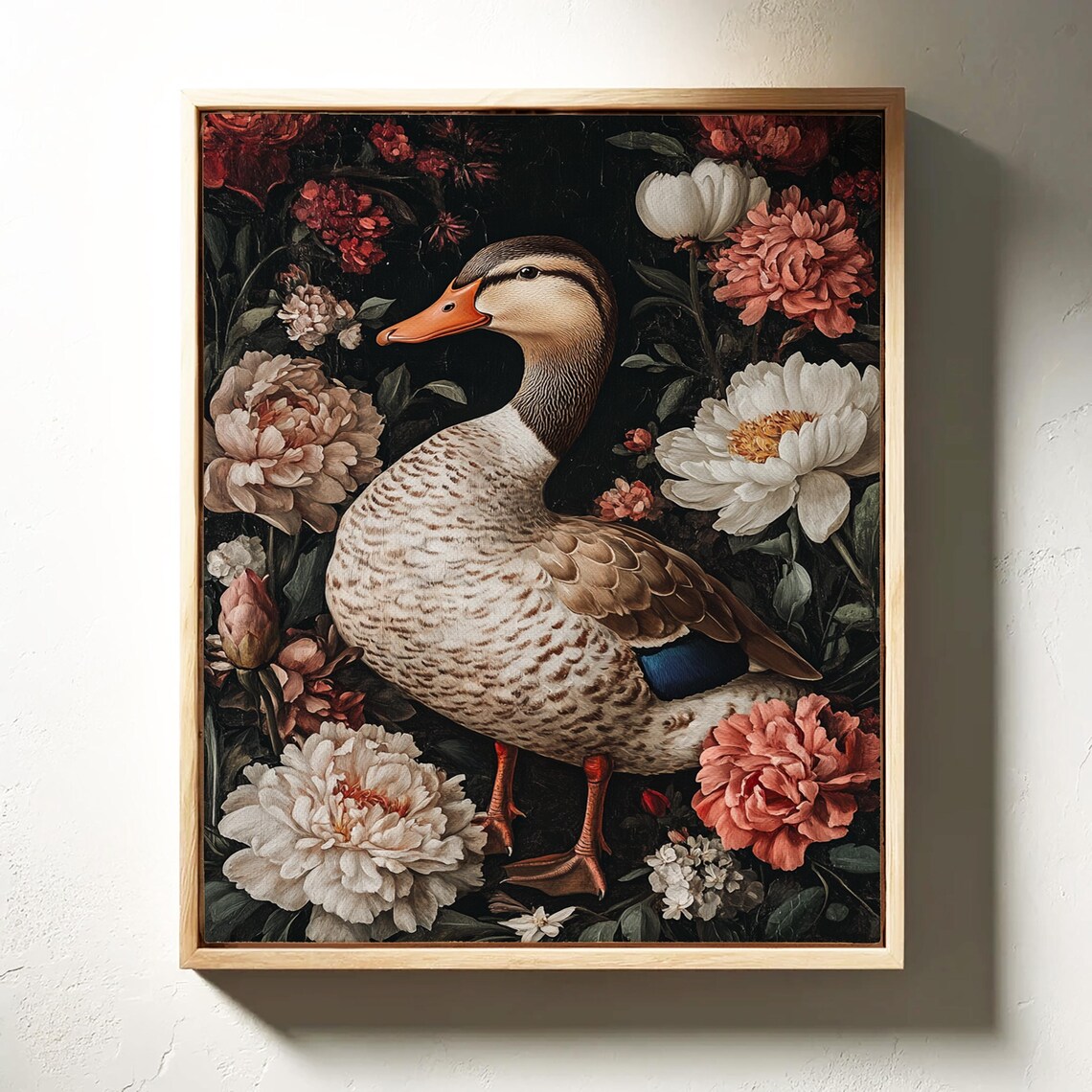 Standing Duck in Profile Among Blush Peonies Dark Floral Poster - Image 3