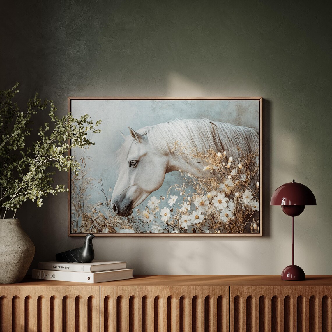 White Horse In Wildflower Meadow, Rustic Art Print - Image 4