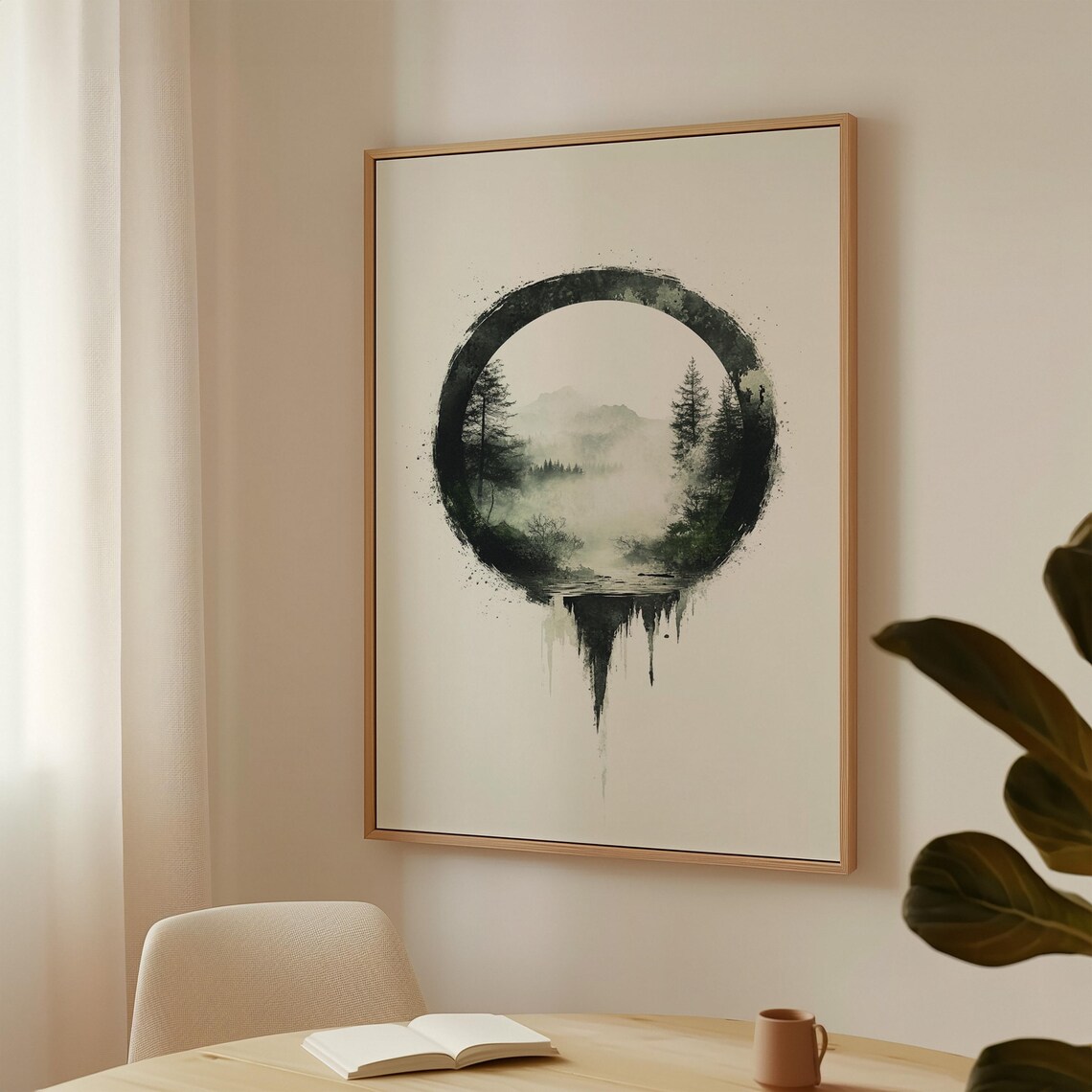 Zen Circle Forest Misty Mountain Enso Ink Art Print