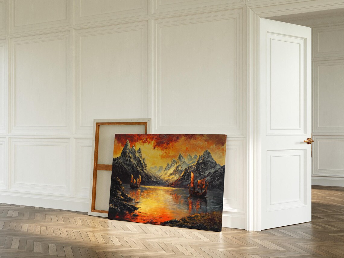 Viking Longship Sunset Landscape, Fjords Reflections - Image 6