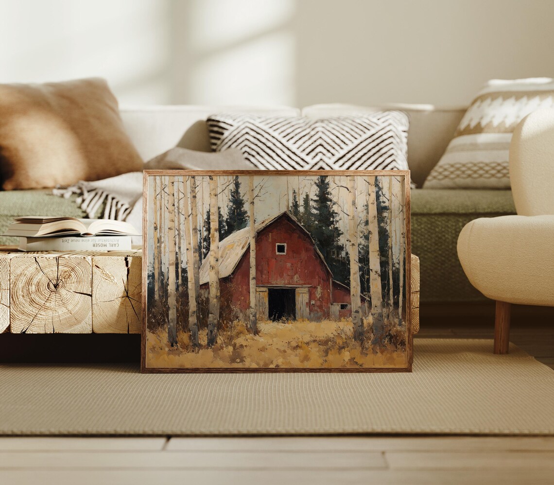 Red Barn Hidden Among Aspen Trees Art Print