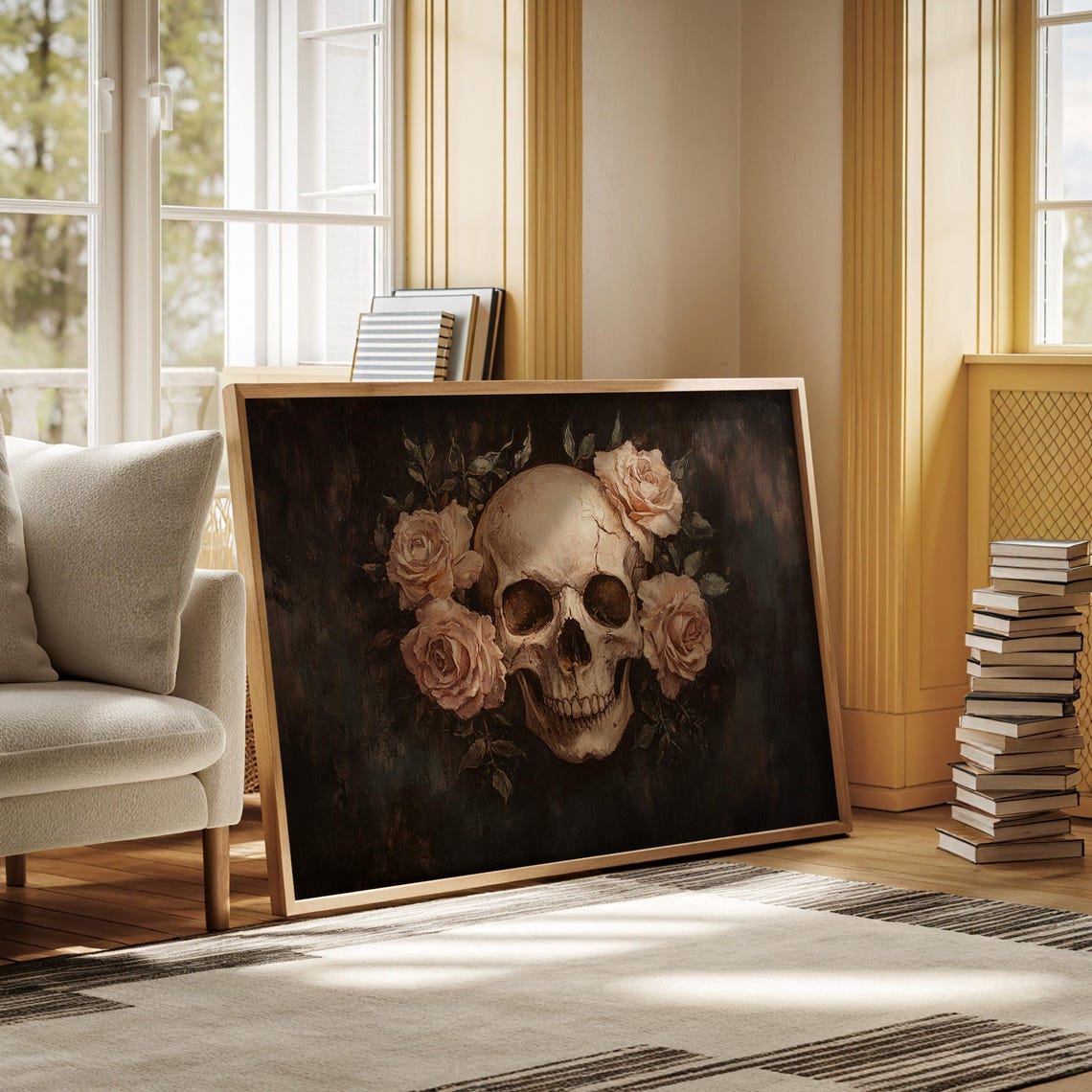 Human Skull With Roses On Dark Background Gothic Floral Oil Poster - Image 5