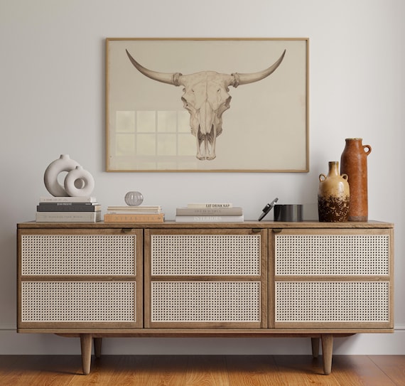 Longhorn Skull Watercolor Neutral Western Illustration Wall Art