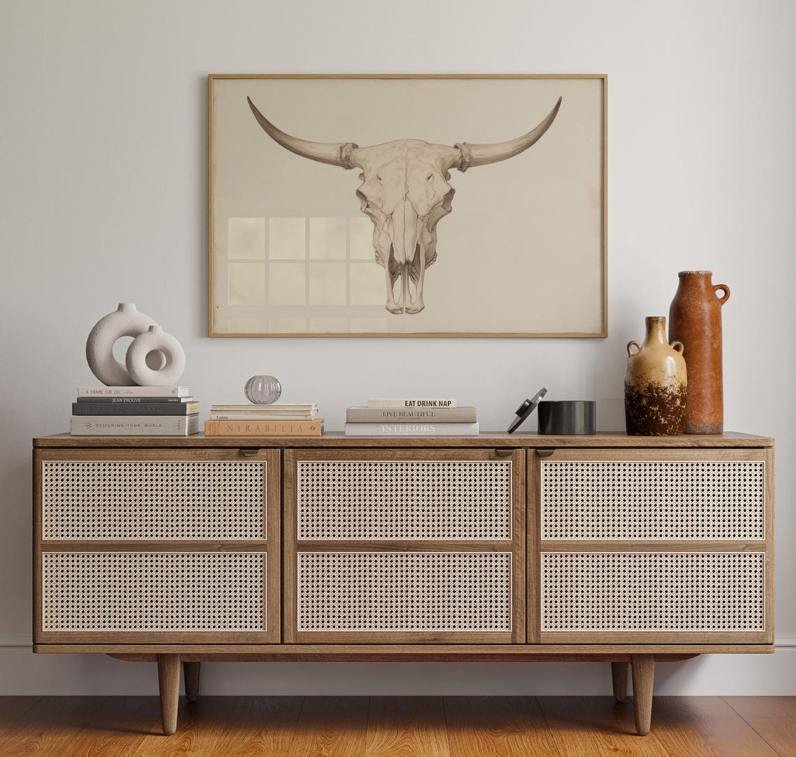 Longhorn Skull Watercolor Neutral Western Illustration Wall Art