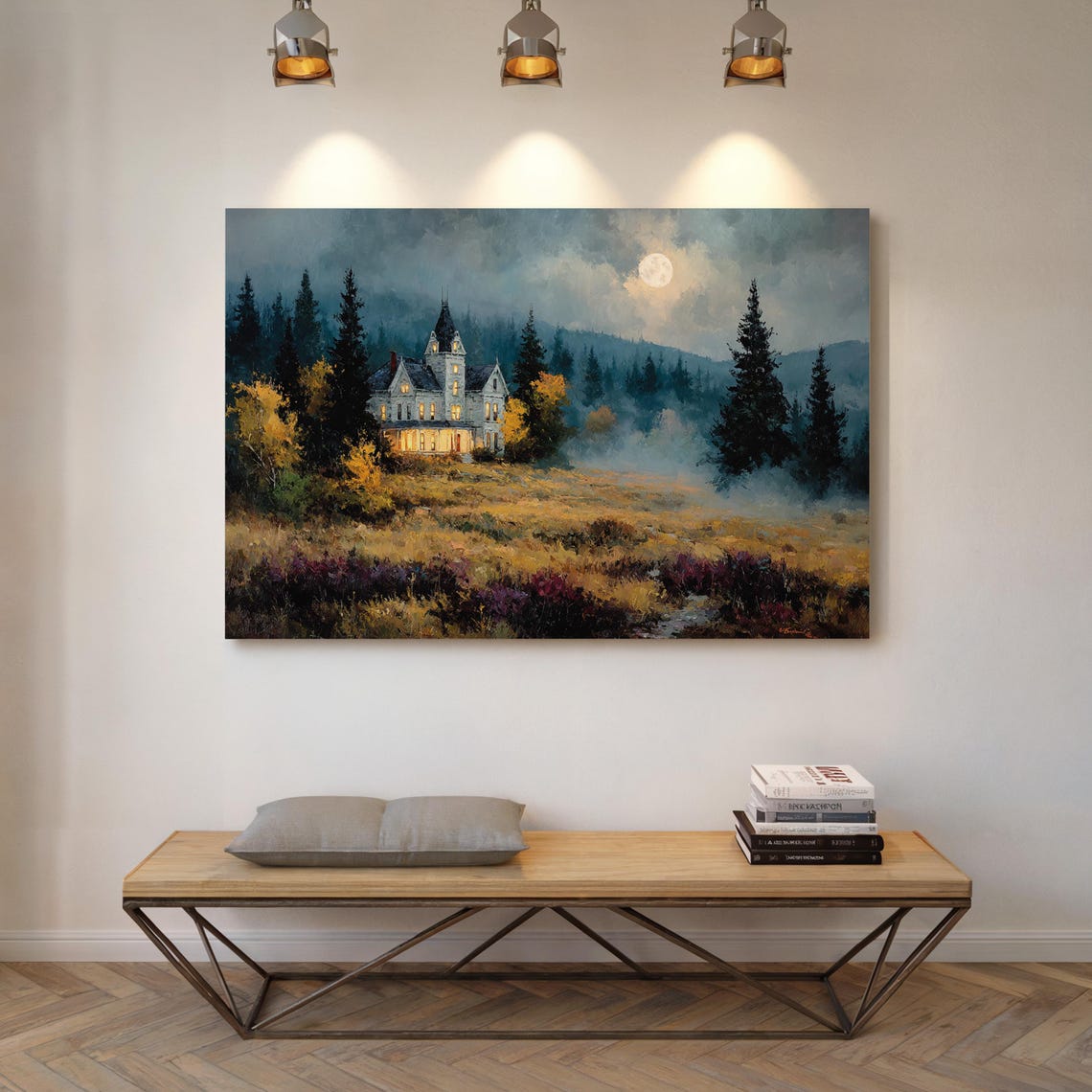 Victorian Mansion Under Full Moon Haunted Autumn Night Poster