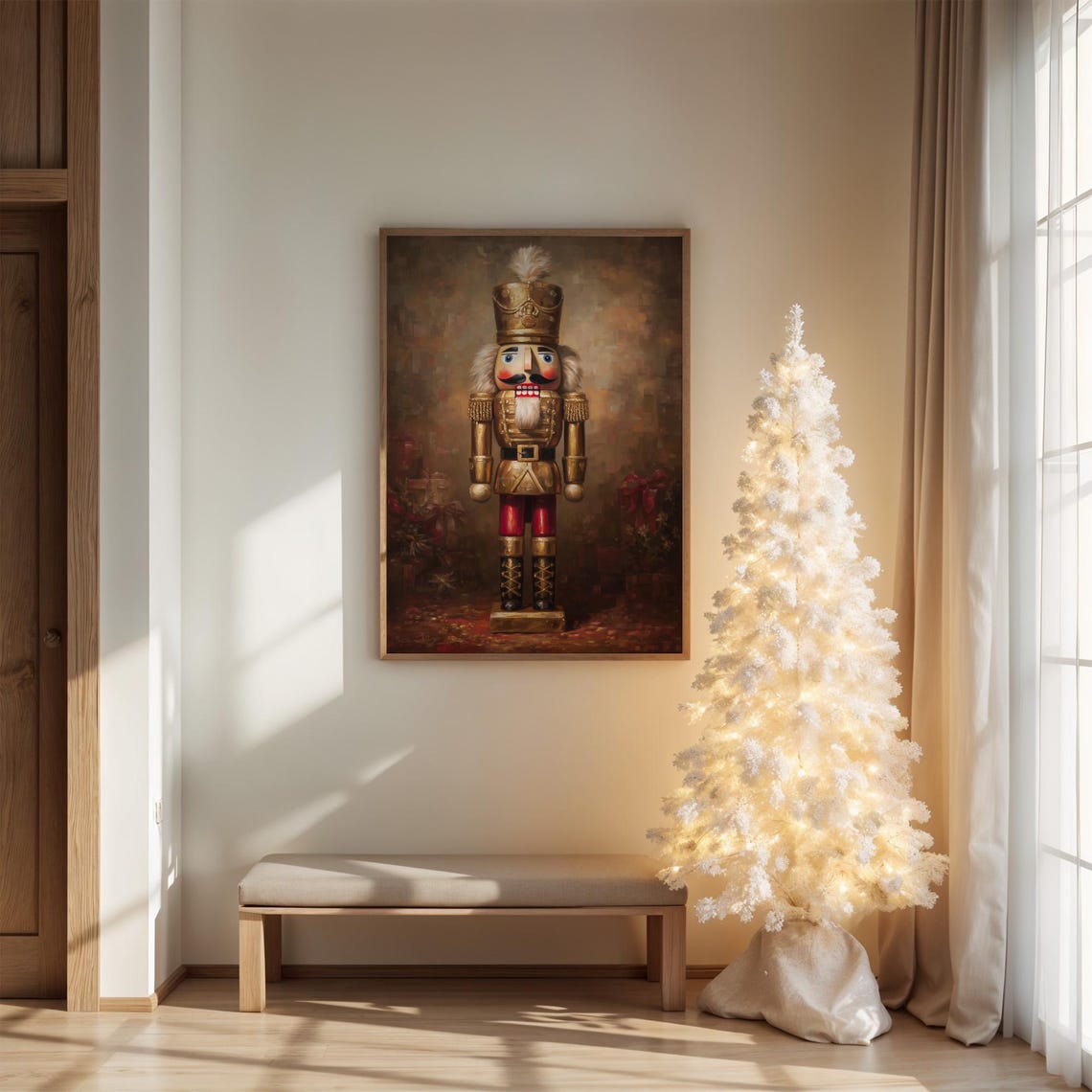 Golden Nutcracker Soldier With White Christmas Tree Holiday Poster