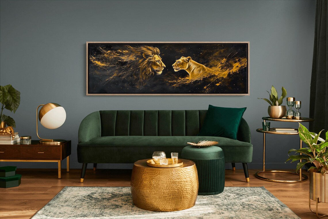 Lion And Lioness Golden Splashes On Black Majestic Wildlife Poster - Image 3